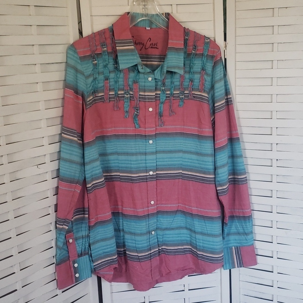Serry Cervi by Resiltol turquoise and pink snap button down western woman shirt